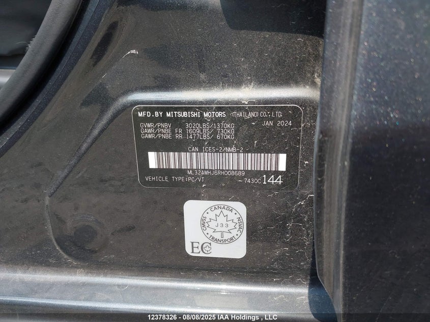 2024 Mitsubishi Mirage Se/Black Edition/Ralliart VIN: ML32AWHJ6RH008689 Lot: 12378326