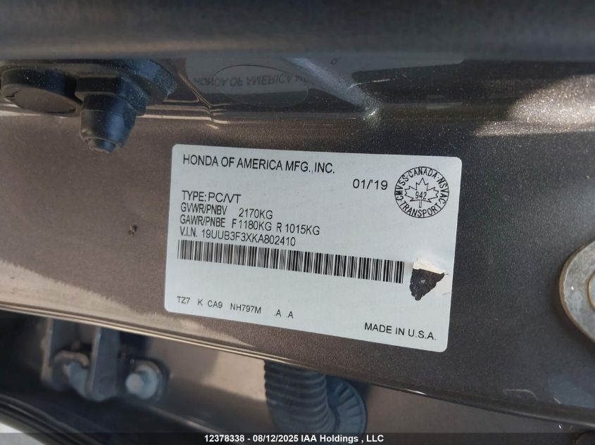 2019 Acura Tlx VIN: 19UUB3F3XKA802410 Lot: 12378338