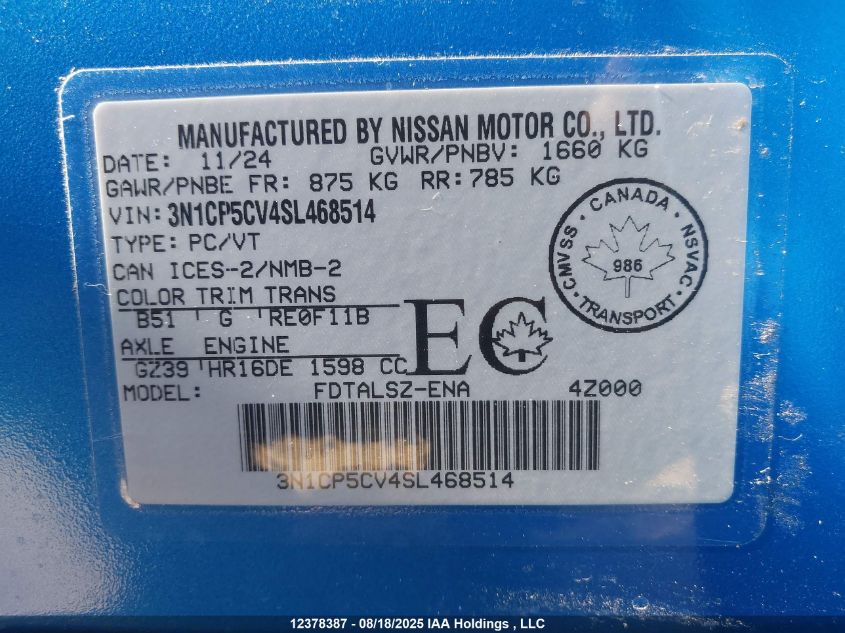 2025 Nissan Kicks Play Sv VIN: 3N1CP5CV4SL468514 Lot: 12378387