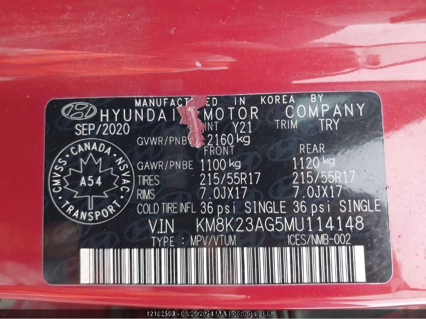 2021 Hyundai Kona Electric Preferred With Two-Tone Roof VIN: KM8K23AG5MU114148 Lot: 12378410