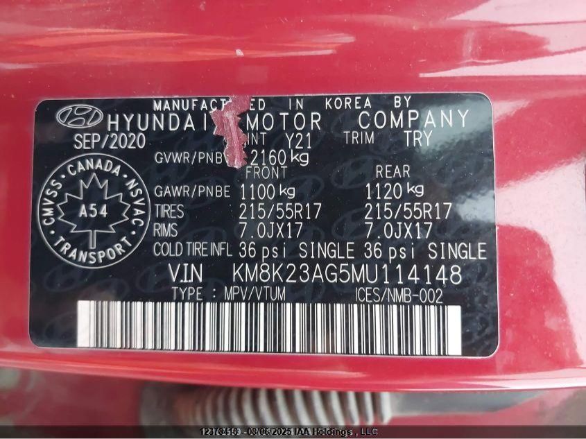 2021 Hyundai Kona Electric Preferred With Two-Tone Roof VIN: KM8K23AG5MU114148 Lot: 12378410