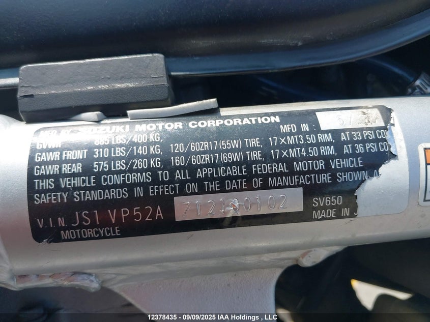 2001 Suzuki Sv650 S VIN: JS1VP52A712100102 Lot: 12378435