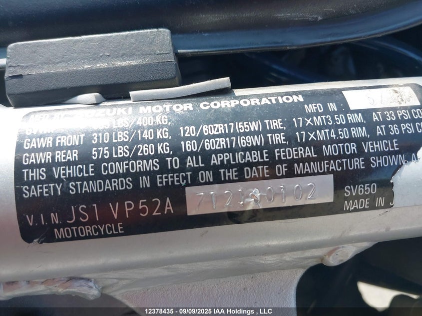2001 Suzuki Sv650 S VIN: JS1VP52A712100102 Lot: 12378435