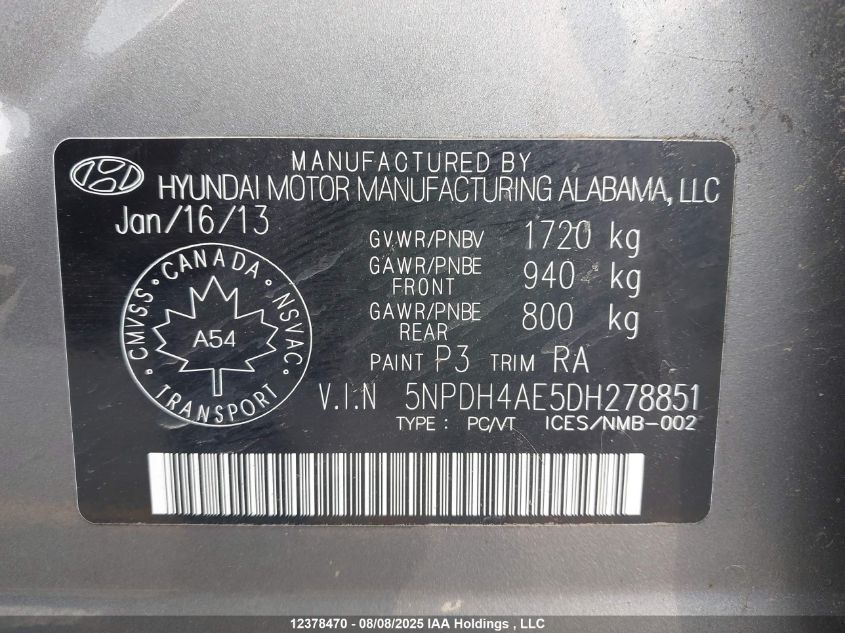 2013 Hyundai Elantra Gls/Limited VIN: 5NPDH4AE5DH278851 Lot: 12378470