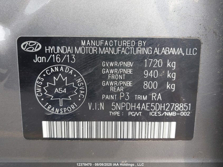 2013 Hyundai Elantra Gls/Limited VIN: 5NPDH4AE5DH278851 Lot: 12378470