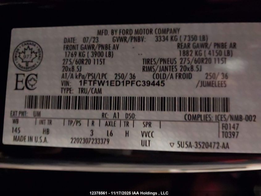 2023 Ford F-150 Lariat VIN: 1FTFW1ED1PFC39445 Lot: 12378561