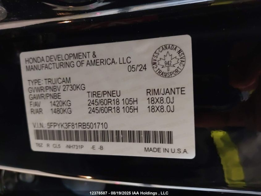2024 Honda Ridgeline Black Edition VIN: 5FPYK3F81RB501710 Lot: 12378587