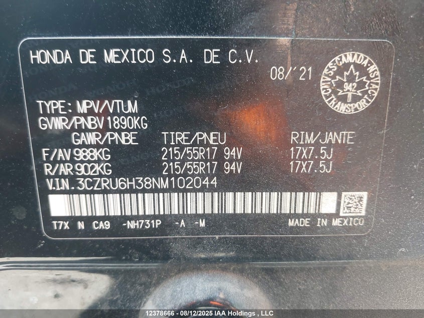 3CZRU6H38NM102044 2022 HONDA HR-V photo no. 9