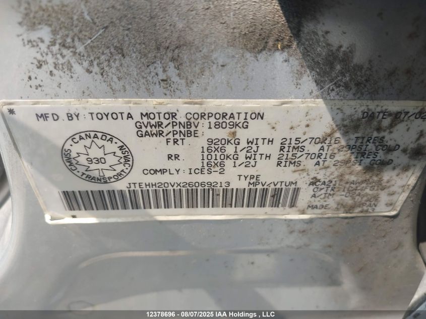 2002 Toyota Rav4 VIN: JTEHH20VX26069213 Lot: 12378696