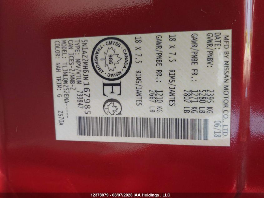 2018 Nissan Murano S/Sl/Sv/Platinum VIN: 5N1AZ2MH6JN167985 Lot: 12378879