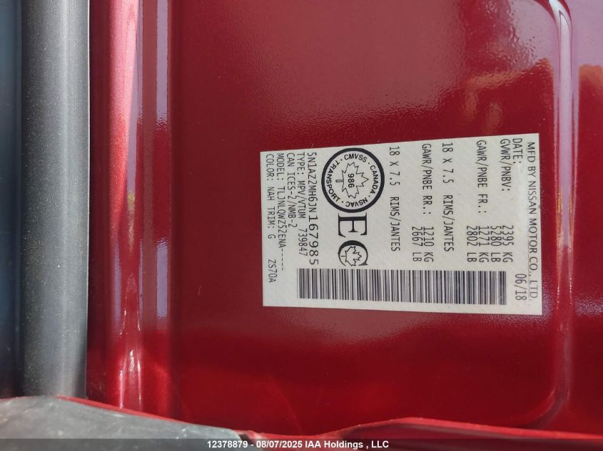 2018 Nissan Murano S/Sl/Sv/Platinum VIN: 5N1AZ2MH6JN167985 Lot: 12378879