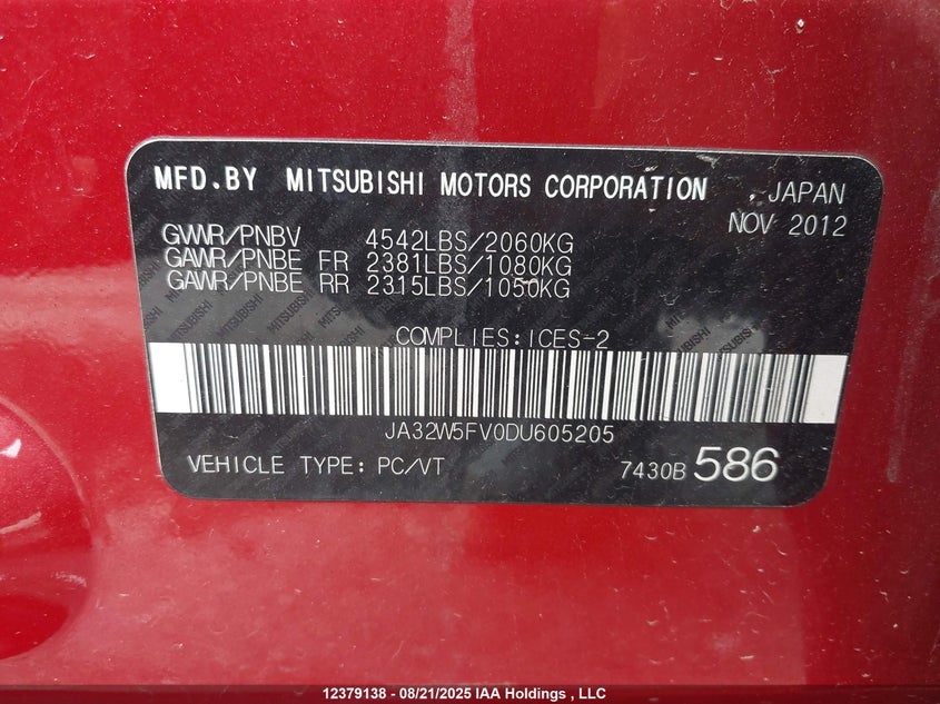 2013 Mitsubishi Lancer Evolution Mr VIN: JA32W5FV0DU605205 Lot: 12379138