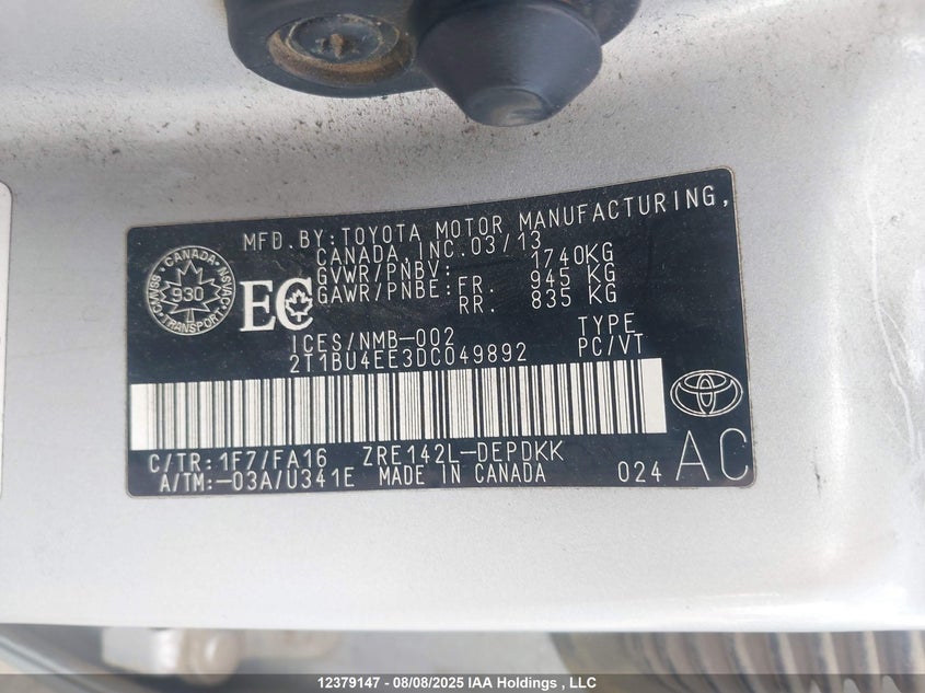 2T1BU4EE3DC049892 2013 TOYOTA COROLLA photo no. 9