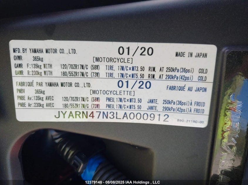 2020 Yamaha Xsr900 VIN: JYARN47N3LA000912 Lot: 12379148