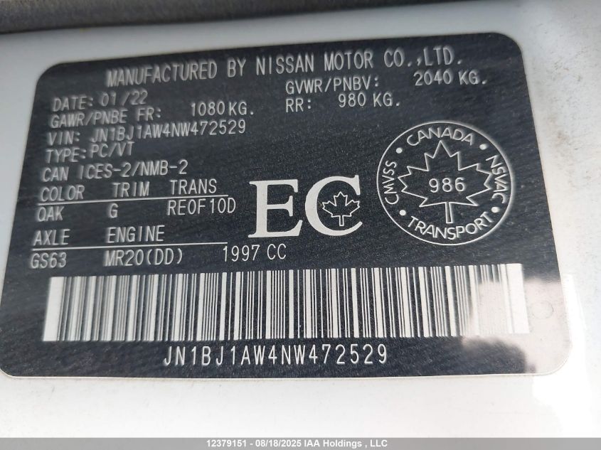 2022 Nissan Qashqai S VIN: JN1BJ1AW4NW472529 Lot: 12379151