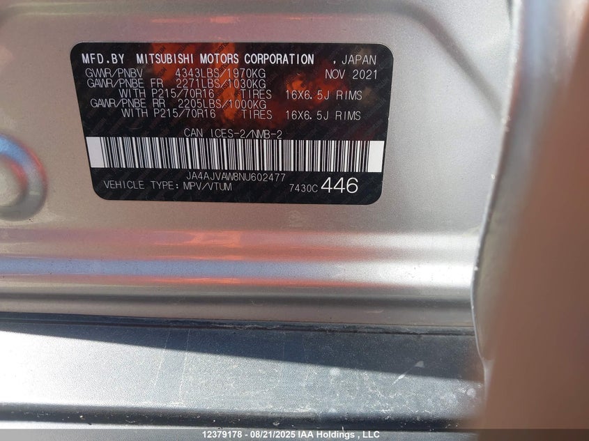 2022 Mitsubishi Rvr Se/Sel/Le/Gt VIN: JA4AJVAW8NU602477 Lot: 12379178