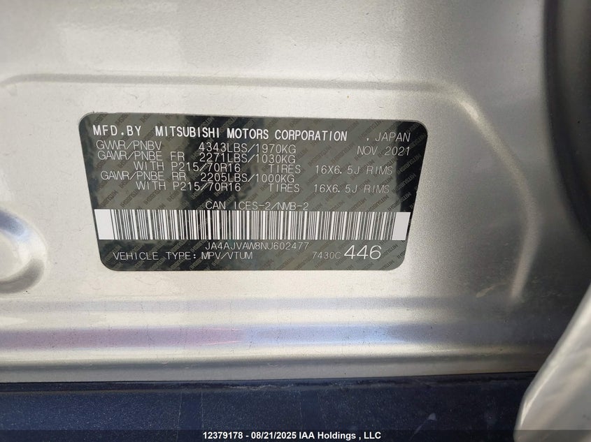 2022 Mitsubishi Rvr Se/Sel/Le/Gt VIN: JA4AJVAW8NU602477 Lot: 12379178