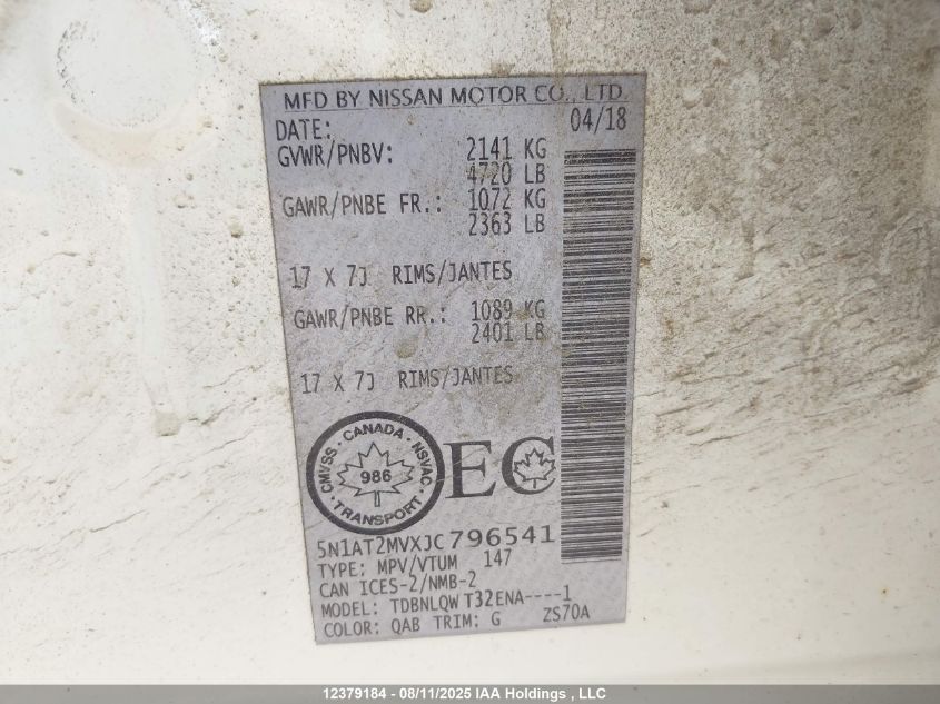2018 Nissan Rogue Midnight Edition/S/Sl/Sl W/Propilot Assist/Sv VIN: 5N1AT2MVXJC796541 Lot: 12379184