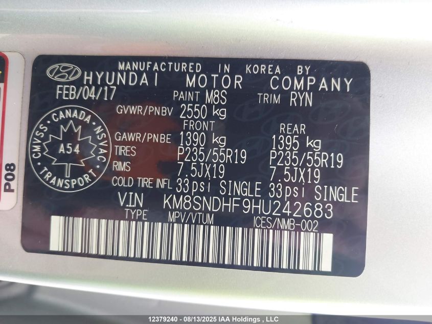 2017 Hyundai Santa Fe Xl Limited VIN: KM8SNDHF9HU242683 Lot: 12379240