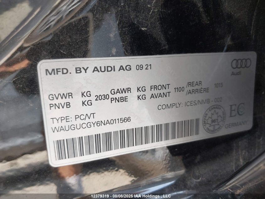 2022 Audi A3 Premium VIN: WAUGUCGY6NA011566 Lot: 12379319