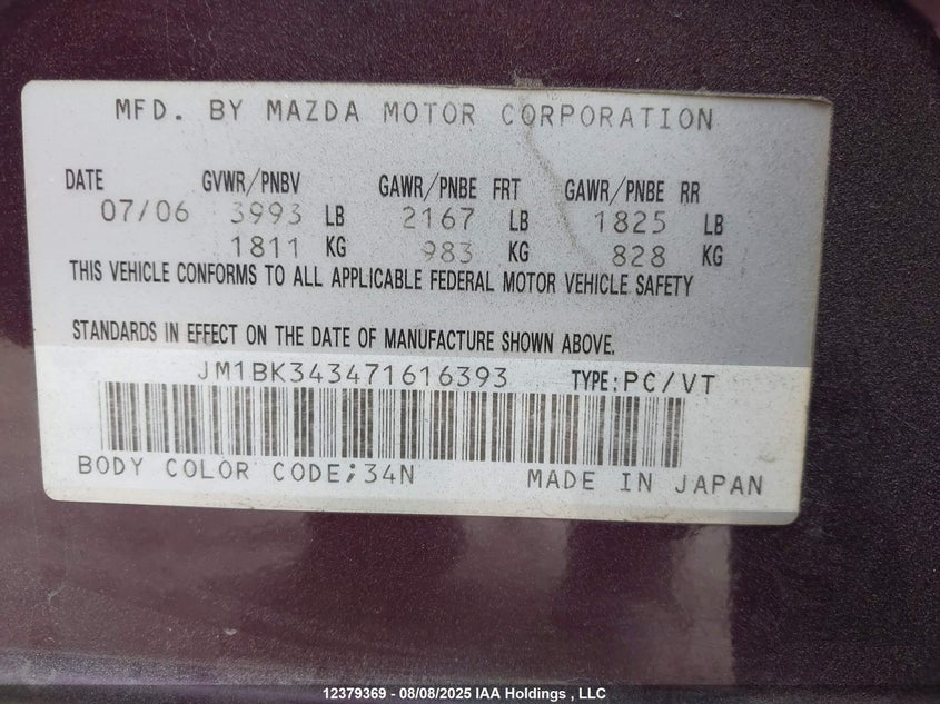 2007 Mazda 3 Hatchback VIN: JM1BK343471616393 Lot: 12379369