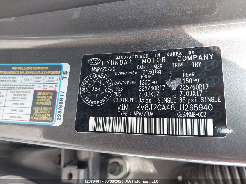 Auction sale of the 2020 HYUNDAI TUCSON , vin: KM8J2CA48LU265940, lot number: 12379461