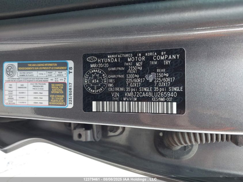 Auction sale of the 2020 HYUNDAI TUCSON , vin: KM8J2CA48LU265940, lot number: 12379461