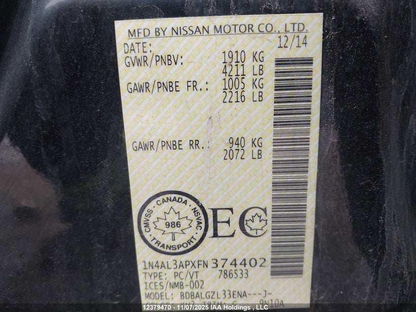 1N4AL3APXFN374402 2015 NISSAN ALTIMA photo no. 9