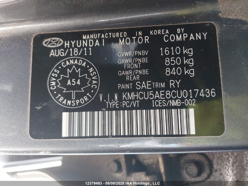 2012 Hyundai Accent Gls/Gs/Se VIN: KMHCU5AE8CU017436 Lot: 12379493