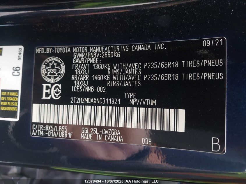 2022 Lexus Rx 350 VIN: 2T2HZMDAXNC311821 Lot: 12379494