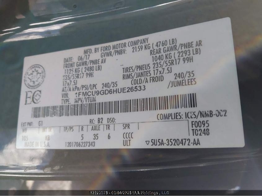 2017 Ford Escape Se VIN: 1FMCU9GD6HUE26533 Lot: 12379505