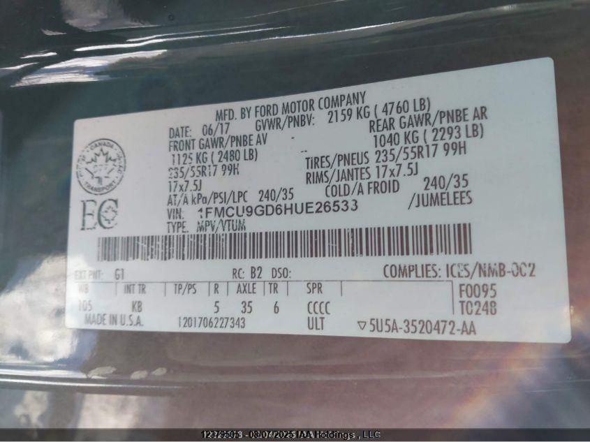 2017 Ford Escape Se VIN: 1FMCU9GD6HUE26533 Lot: 12379505