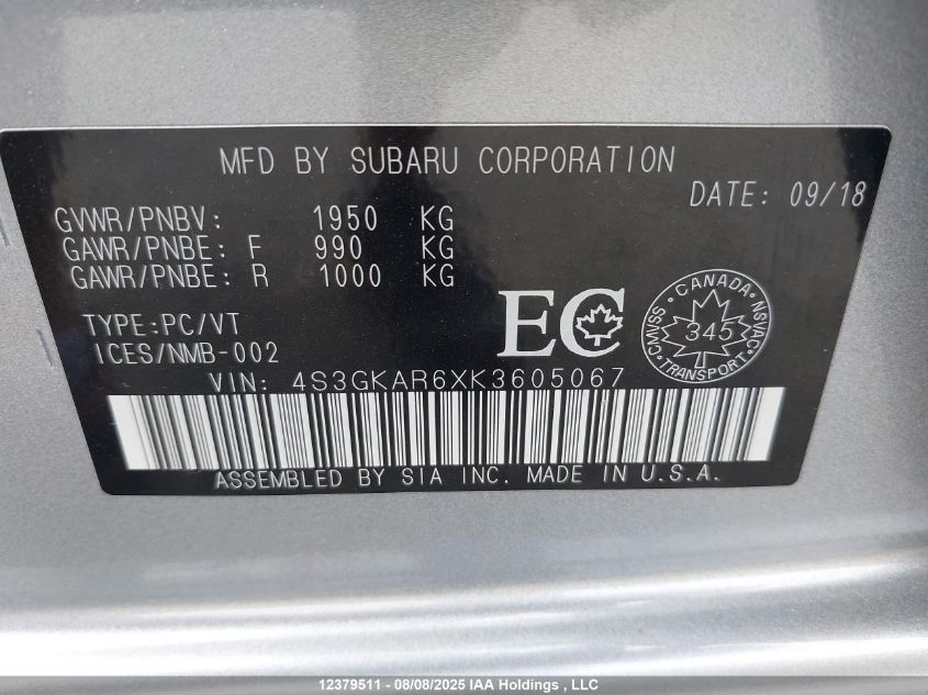 2019 Subaru Impreza Sport VIN: 4S3GKAR6XK3605067 Lot: 12379511