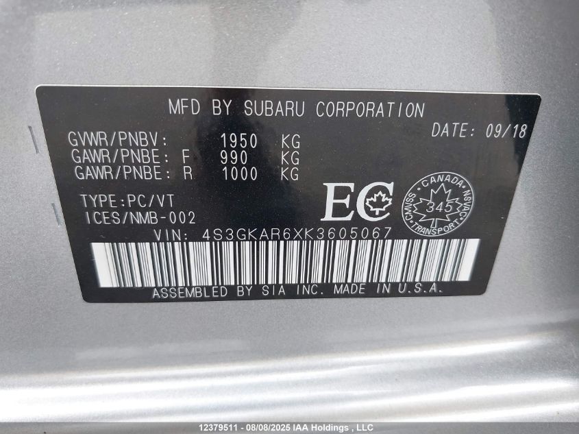 2019 Subaru Impreza Sport VIN: 4S3GKAR6XK3605067 Lot: 12379511
