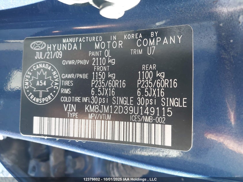 KM8JM12D39U149115 2009 HYUNDAI TUCSON photo no. 9