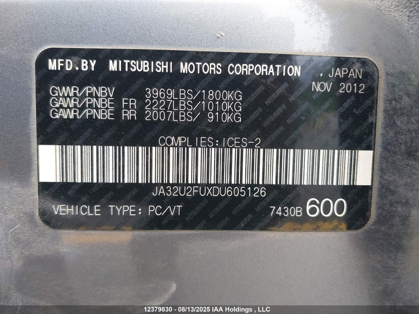 2013 Mitsubishi Lancer Es/Es Sport VIN: JA32U2FUXDU605126 Lot: 12379830