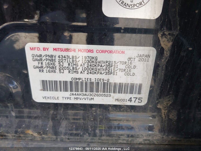 2012 Mitsubishi Rvr Se VIN: JA4AH3AU3CZ600523 Lot: 12379843