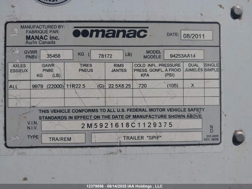 2012 Manac Inc VIN: 2M5921618C1129375 Lot: 12379856