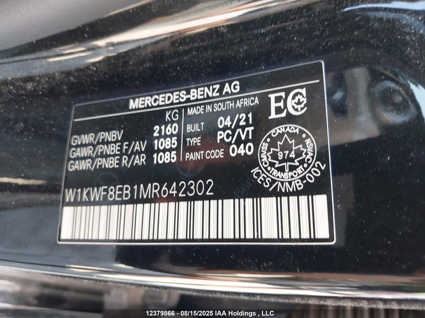 2021 Mercedes-Benz C 300 4Matic VIN: W1KWF8EB1MR642302 Lot: 12379866