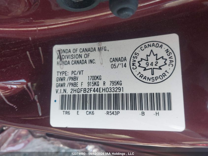 2014 Honda Civic Lx VIN: 2HGFB2F44EH033291 Lot: 12379893