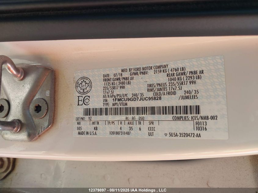 2018 Ford Escape Se VIN: 1FMCU9GD7JUC95828 Lot: 12379897