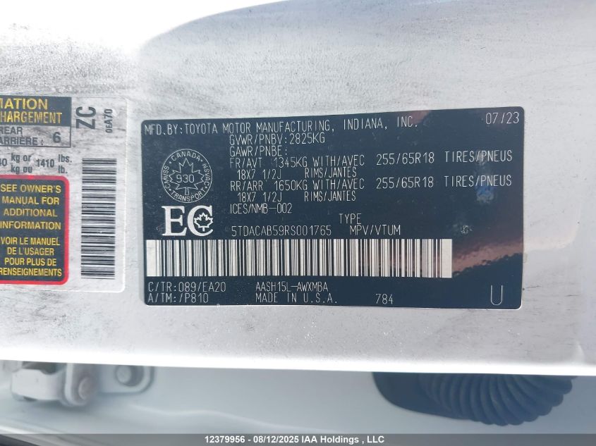 2024 Toyota Grand Highlander Xle/Limited VIN: 5TDACAB59RS001765 Lot: 12379956