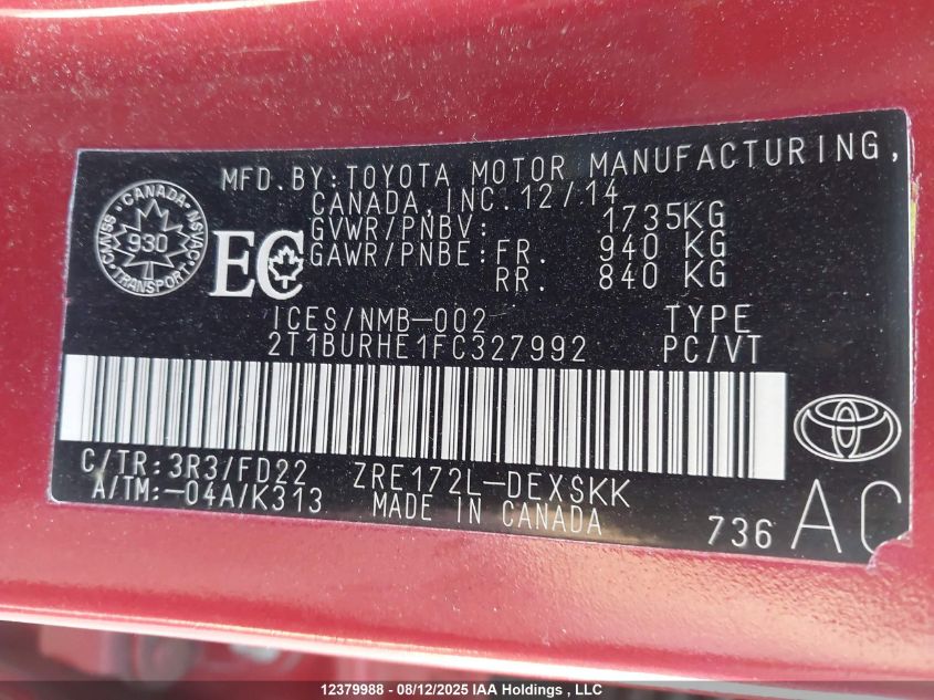 2015 Toyota Corolla L/Le/Le Pls/Prm/S/S Pls VIN: 2T1BURHE1FC327992 Lot: 12379988