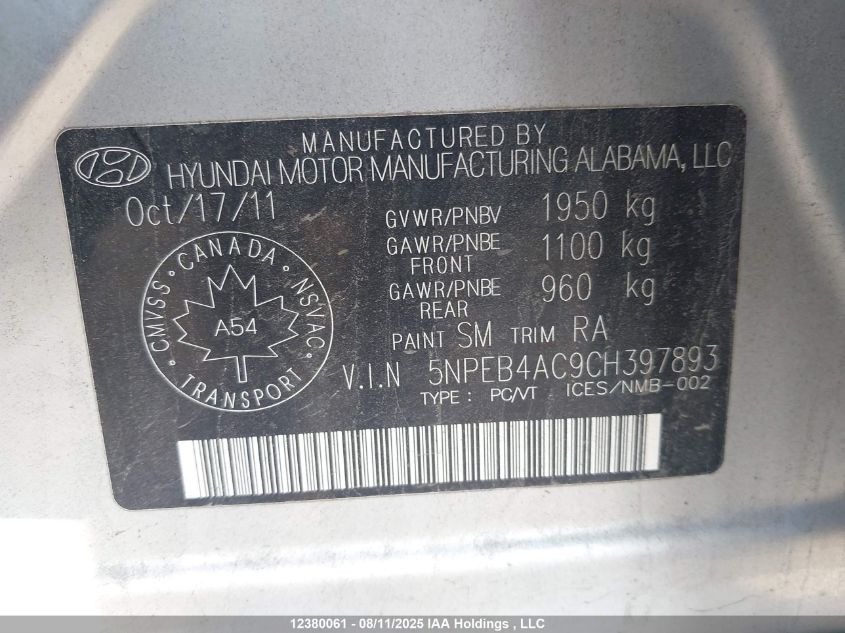 2012 Hyundai Sonata Gl VIN: 5NPEB4AC9CH397893 Lot: 12380061