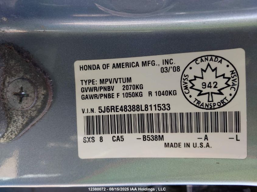 2008 Honda Cr-V Lx VIN: 5J6RE48388L811533 Lot: 12380072