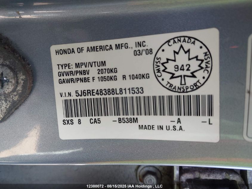 2008 Honda Cr-V Lx VIN: 5J6RE48388L811533 Lot: 12380072