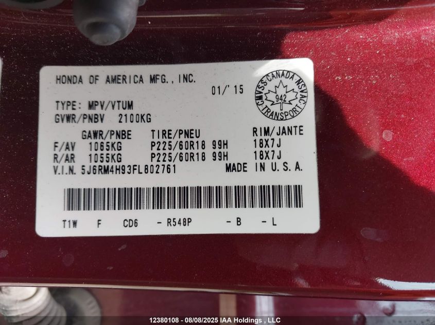 2015 Honda Cr-V VIN: 5J6RM4H93FL802761 Lot: 12380108