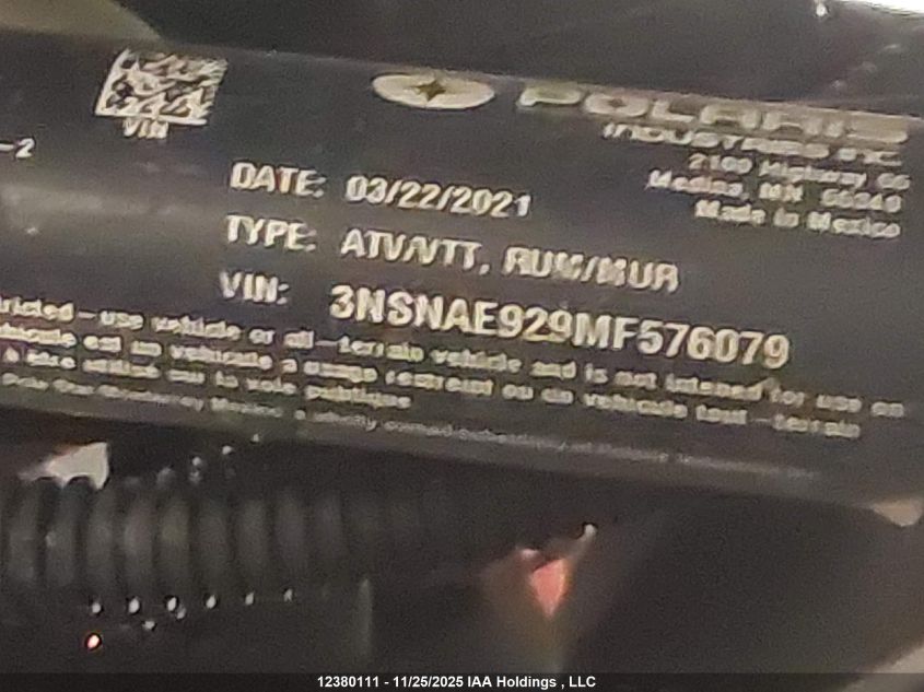 2021 Polaris Rzr Xp Turbo VIN: 3NSNAE929MF576079 Lot: 12380111