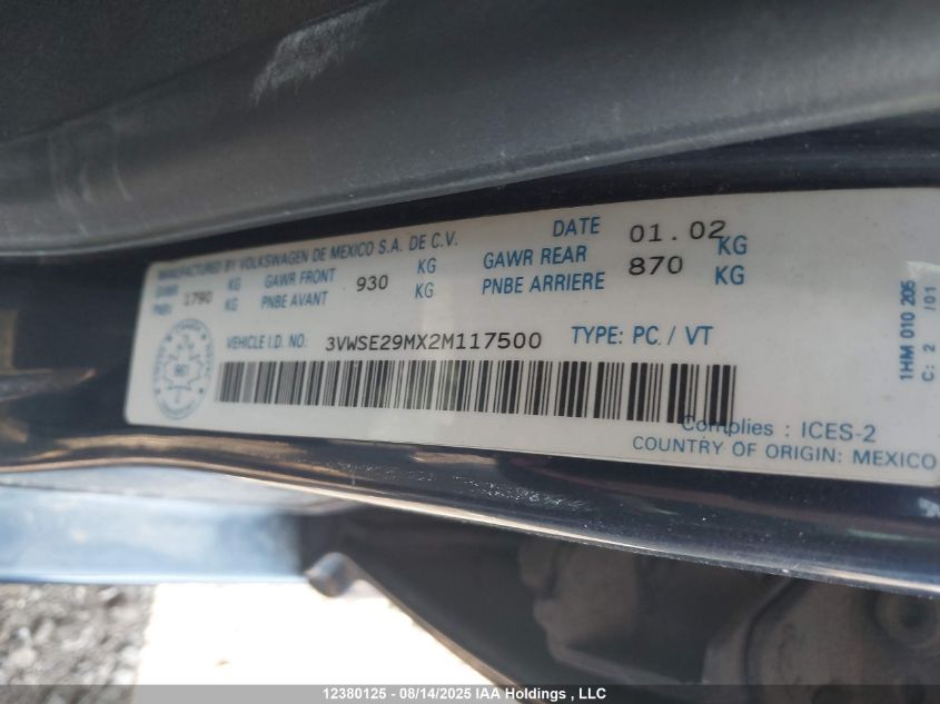 2002 Volkswagen Jetta Gls 1.8L VIN: 3VWSE29MX2M117500 Lot: 12380125