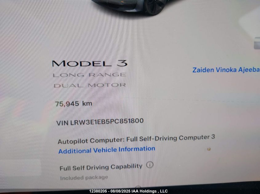 2023 Tesla Model 3 VIN: LRW3E1EB5PC851800 Lot: 12380205